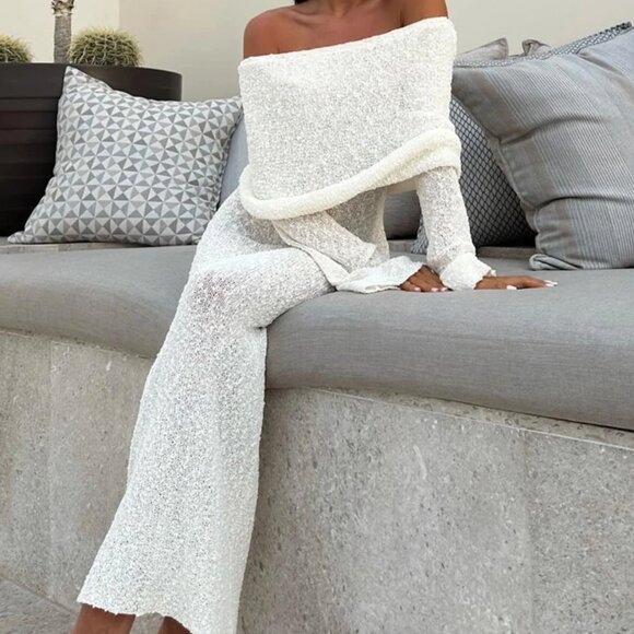 NWT Marisol Off Shoulder Boucle Maxi Dress in Ivory size XS - Picture 1 of 2